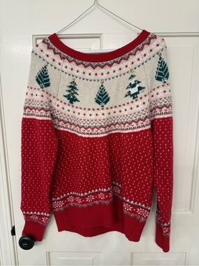 Holiday Time Red and Cream Fair Isle Crewneck Sweater with Green Tree Motifs